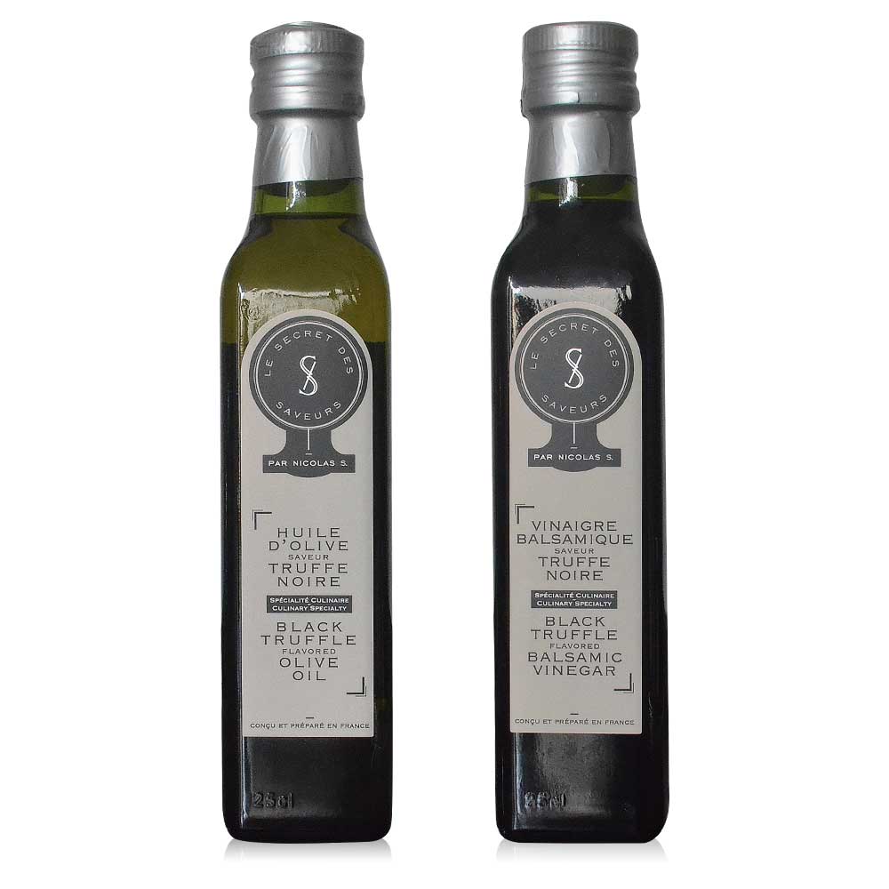 DUO – Olivenöl mit schwarzem Trüffel 250ml & Balsamico-Essig mit schwarzem Trüffel 250ml